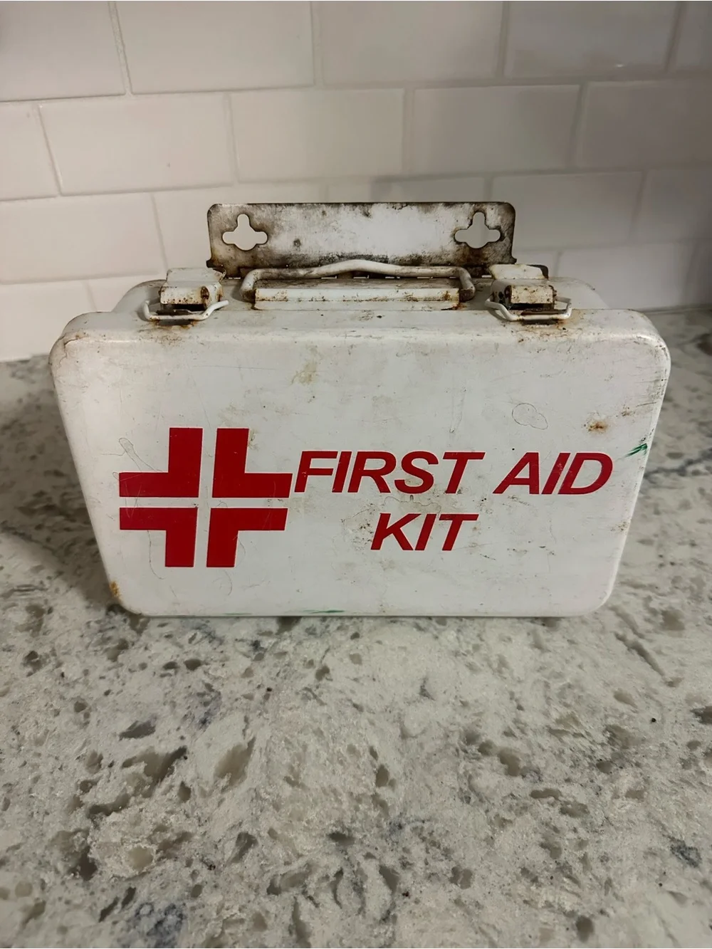 Small White Metal First Aid Kit with Red Cross Graphic